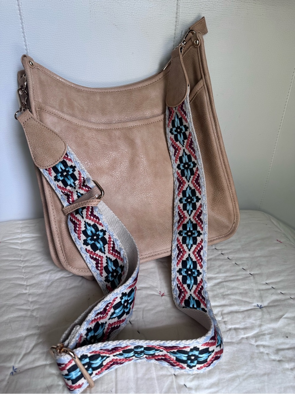 Ahdorned Vegan Leather Crossbody Bag in Mushroom with Cream Pink and Blue Strap